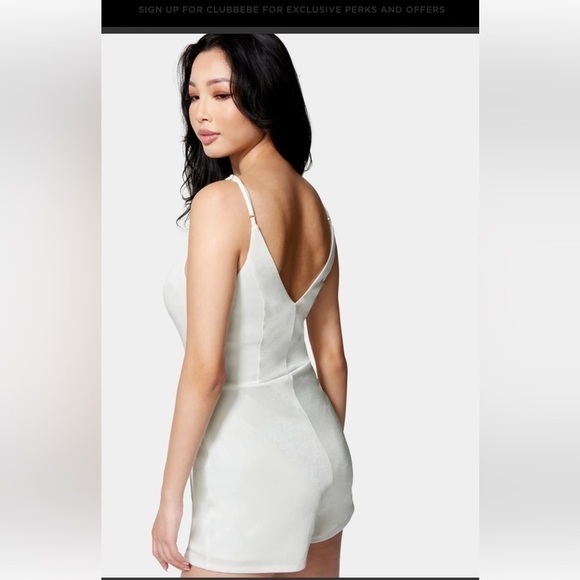 NWT-Bebe-XL-white-stretchy, adjustable straps, wrap skirt romper. Built in short - Picture 2 of 13